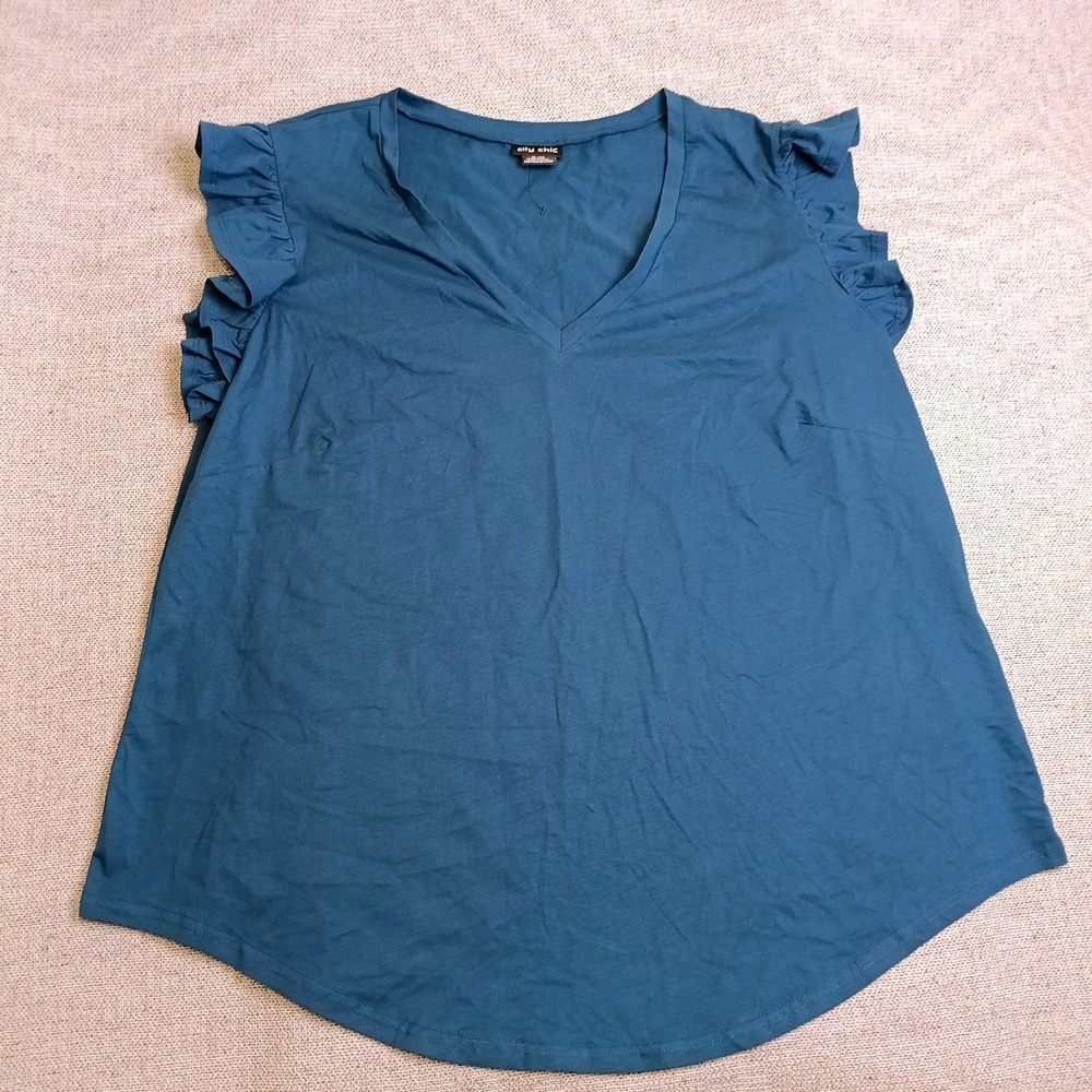 City Chic Flutter Sleeve Top Womens XL/22 Teal Blue Excellent V-Neck Cotton